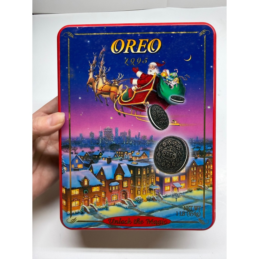 Vintage 1995 Oreo Christmas Tin Nabisco Santa Sleigh Holiday Collectible Metal